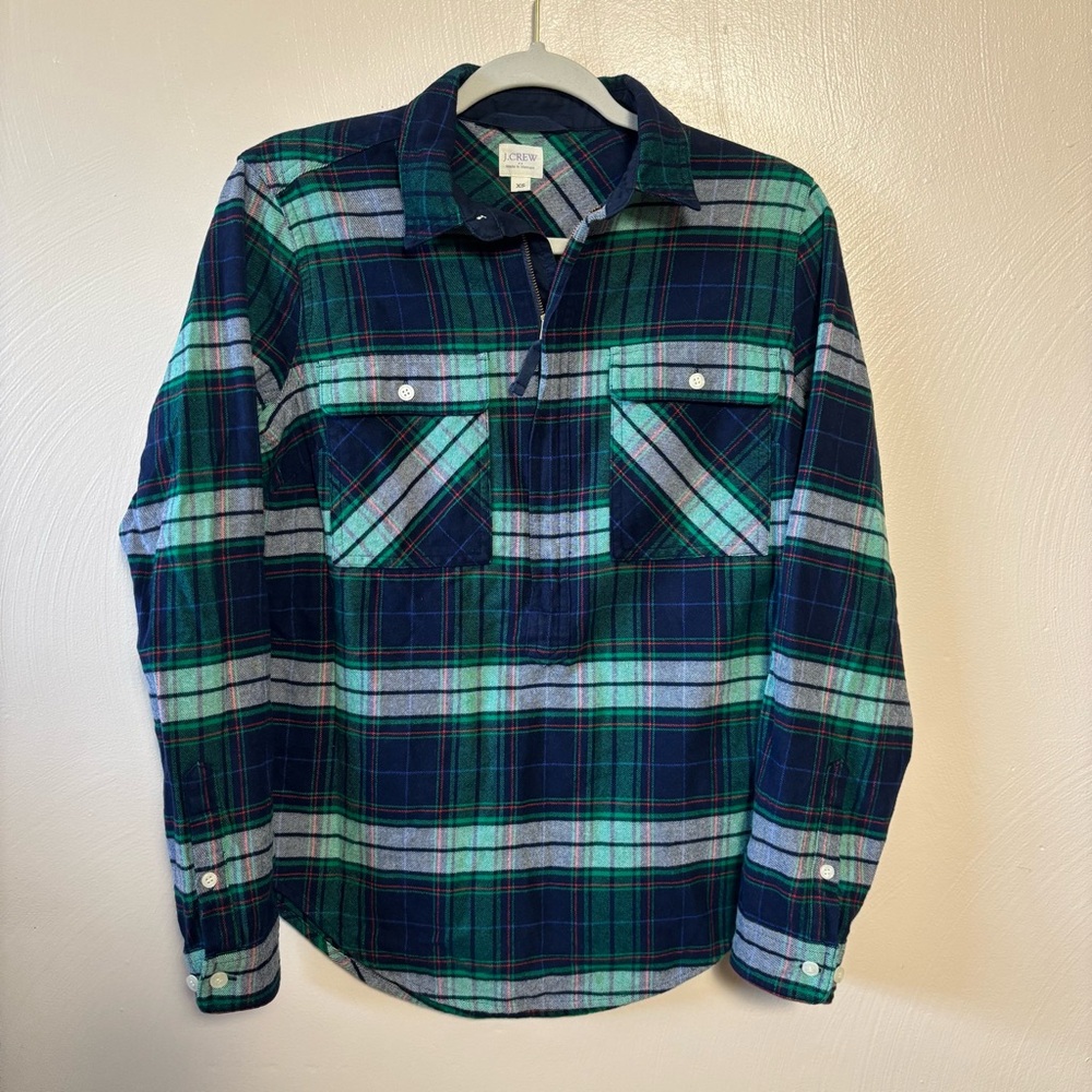 J. Crew Women's Shirt Plaid‎ 1/2 Zip Pullover Flannel Blue Green Long Sleeve XS